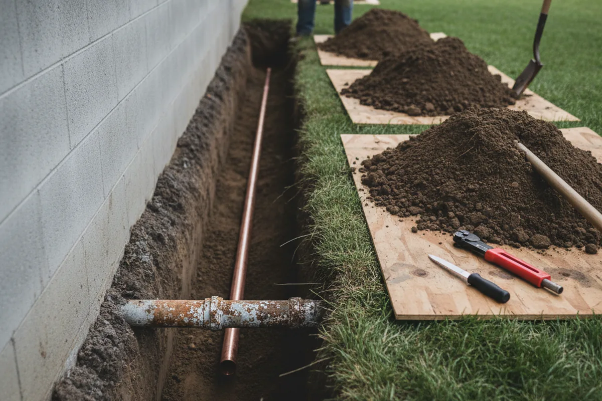 Excavated water line trench during Water Softener Installation in Corunna